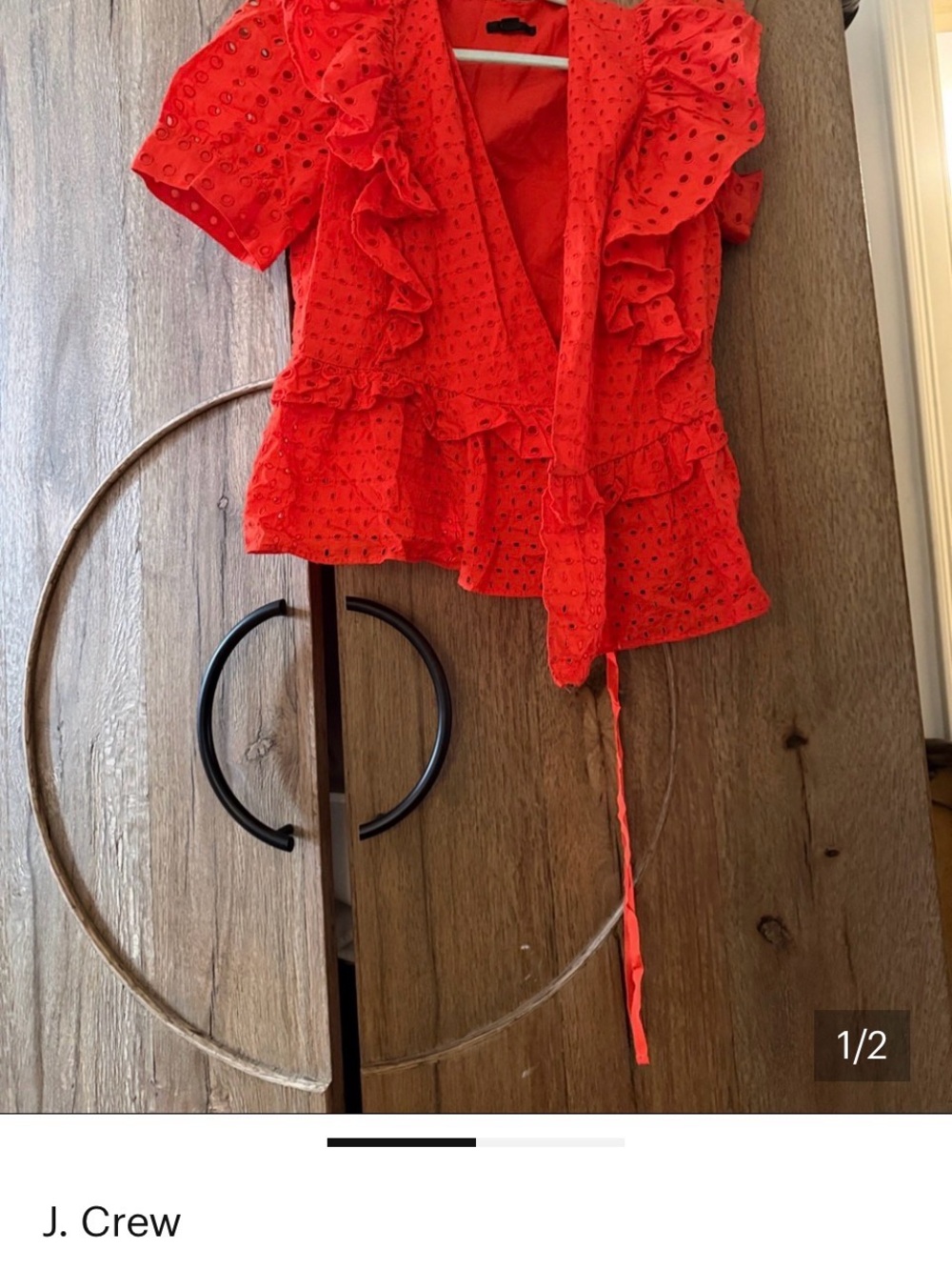 J. Crew Bright Red Eyelet Ruffle Wrap Blouse